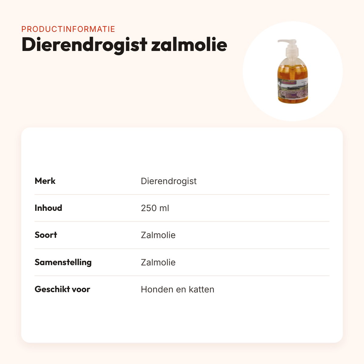 Dierendrogist zalmolie 250 ml – voor vacht en huid van hond en kat – productinformatie
