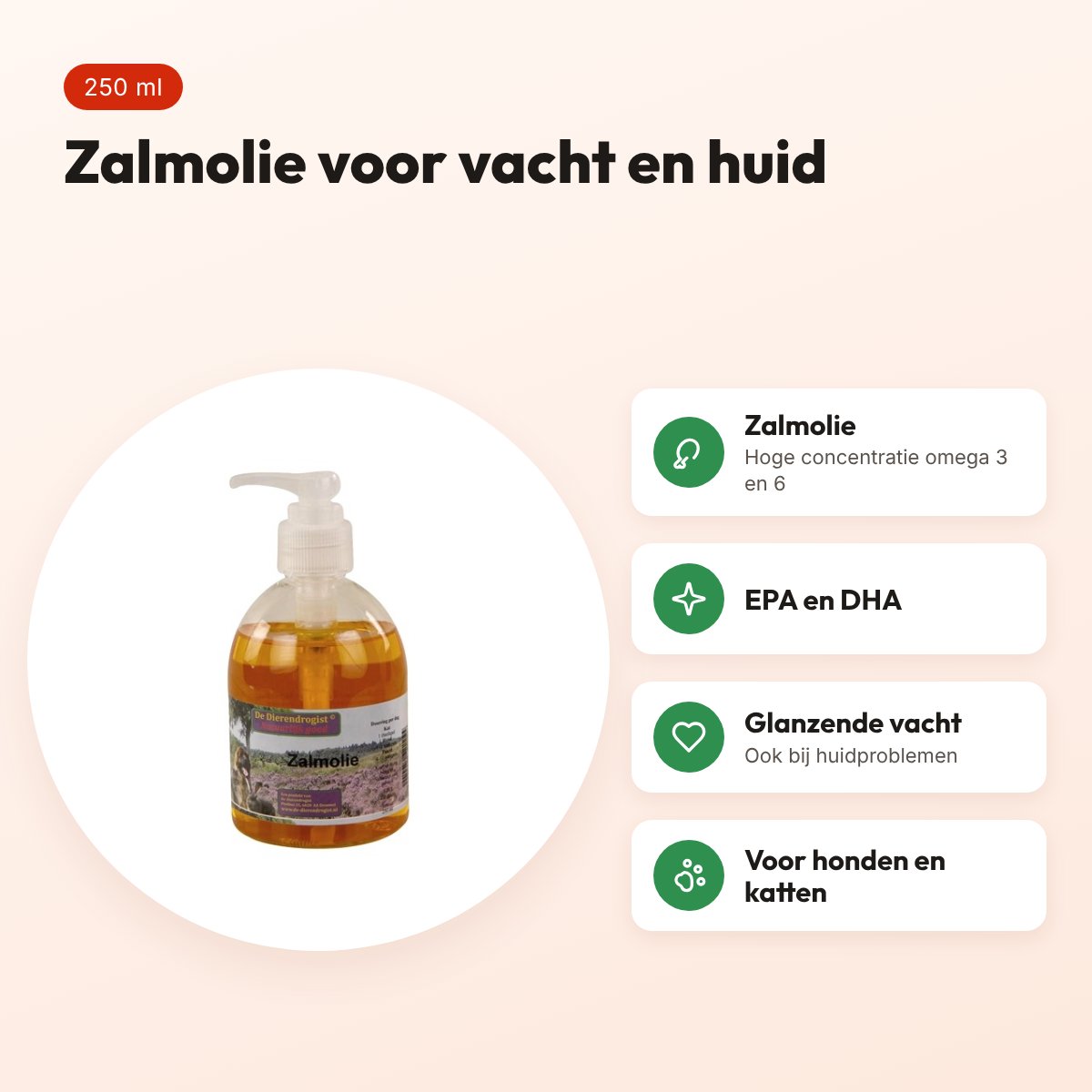 Dierendrogist zalmolie 250 ml – voor vacht en huid van hond en kat – voordelen