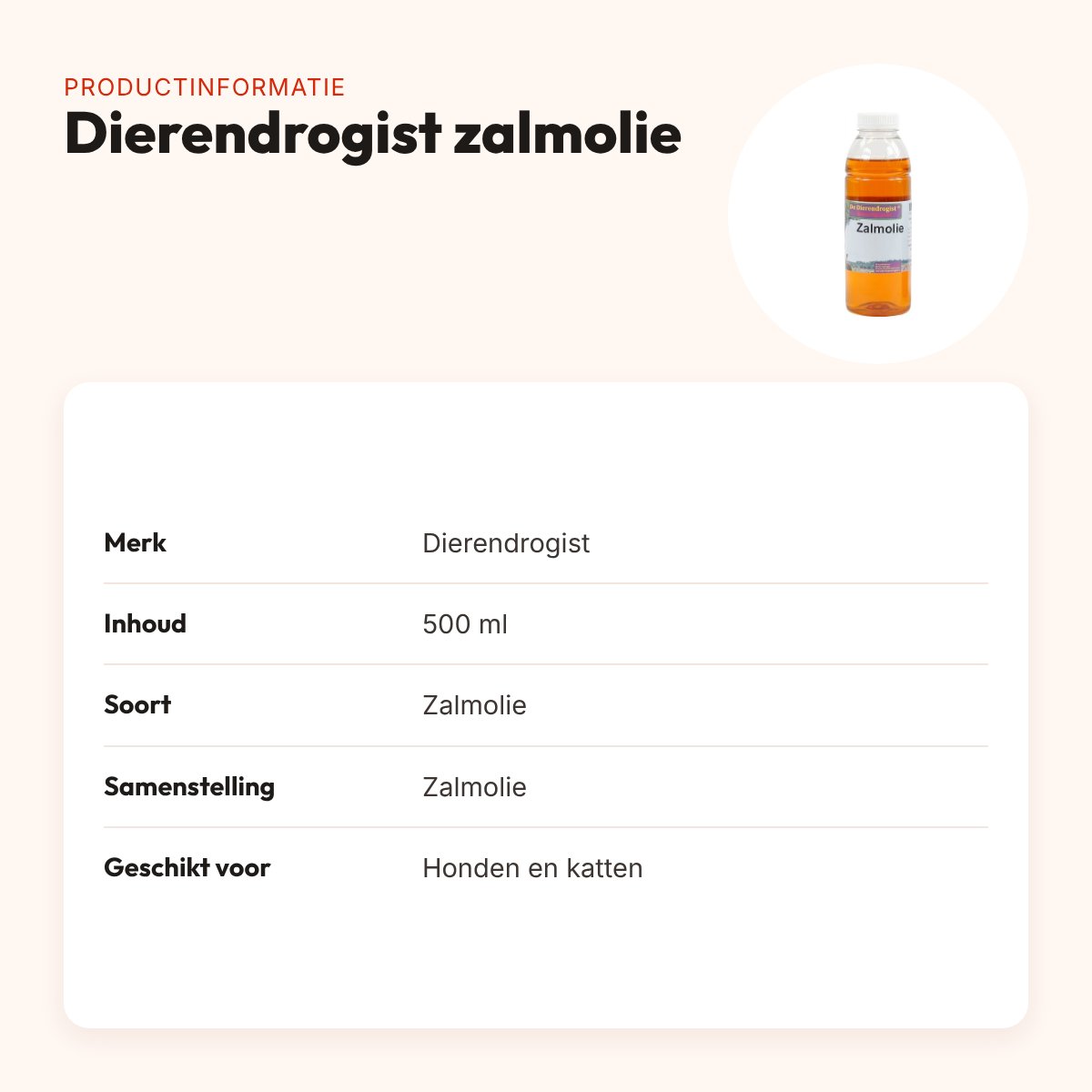Dierendrogist zalmolie 500 ml – voor vacht en huid van hond en kat – productinformatie