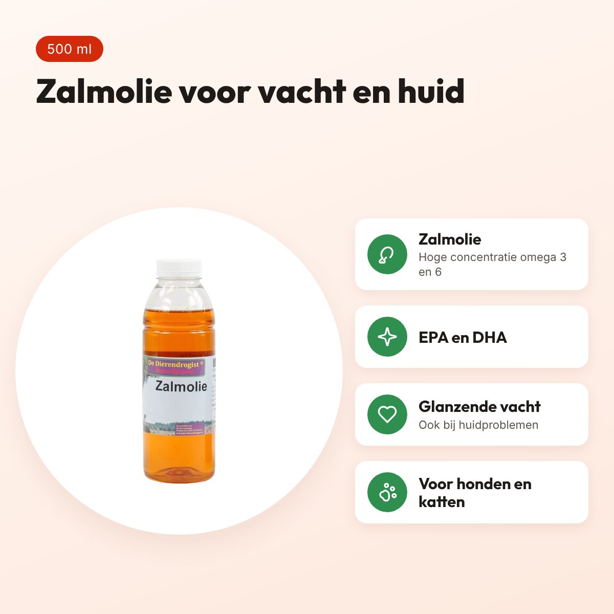 Dierendrogist zalmolie 500 ml – voor vacht en huid van hond en kat – voordelen