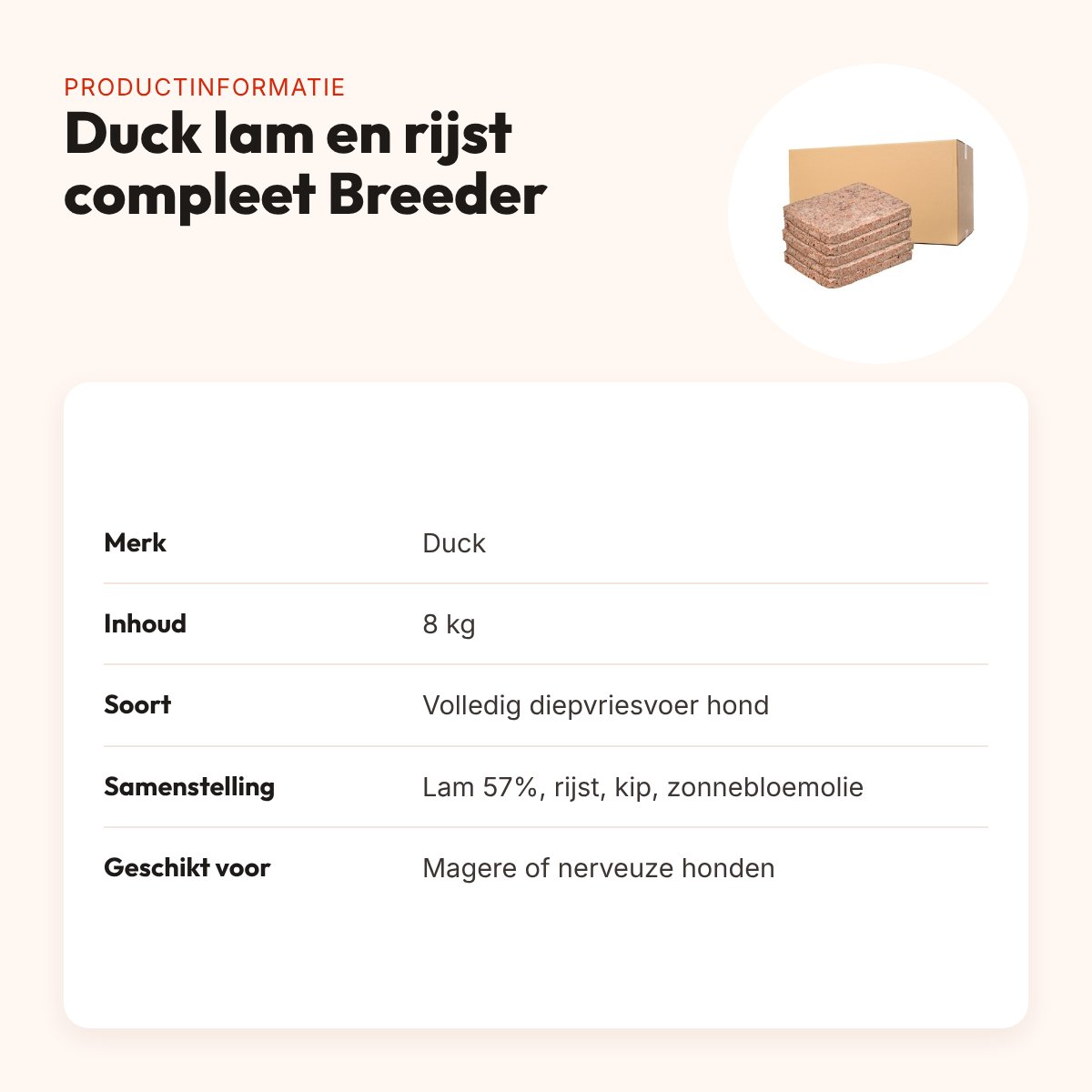 Duck lam en rijst compleet Breeder hondenvoer 8 kg – vers vlees – productinformatie