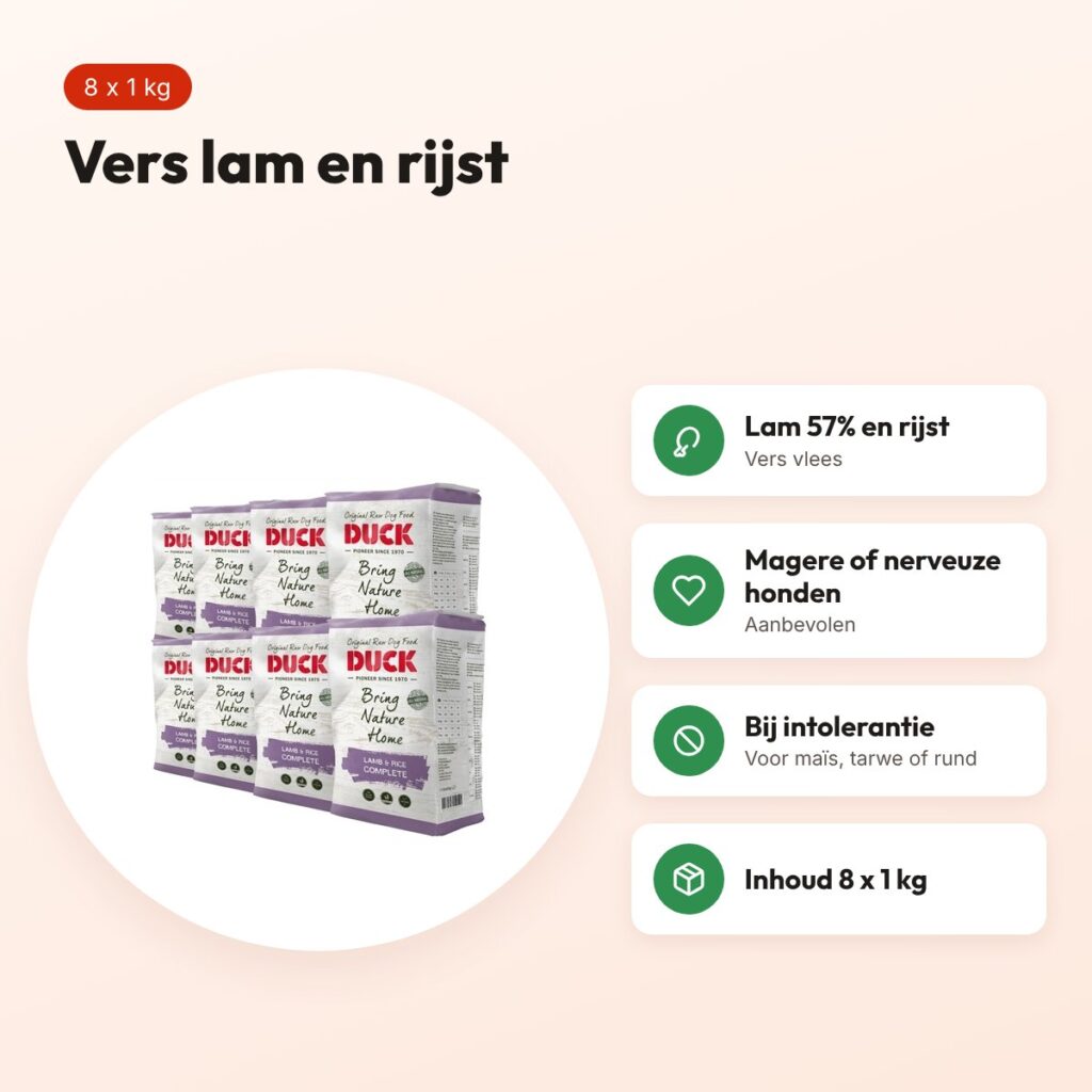 Duck lam en rijst compleet hondenvoer 8 x 1 kg – vers vlees – voordelen