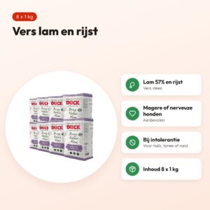 Duck lam en rijst compleet hondenvoer 8 x 1 kg – vers vlees – voordelen
