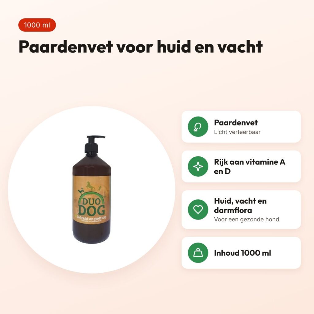 Duo Dog vet supplement 1000 ml – paardenvet voor huid en vacht – voordelen