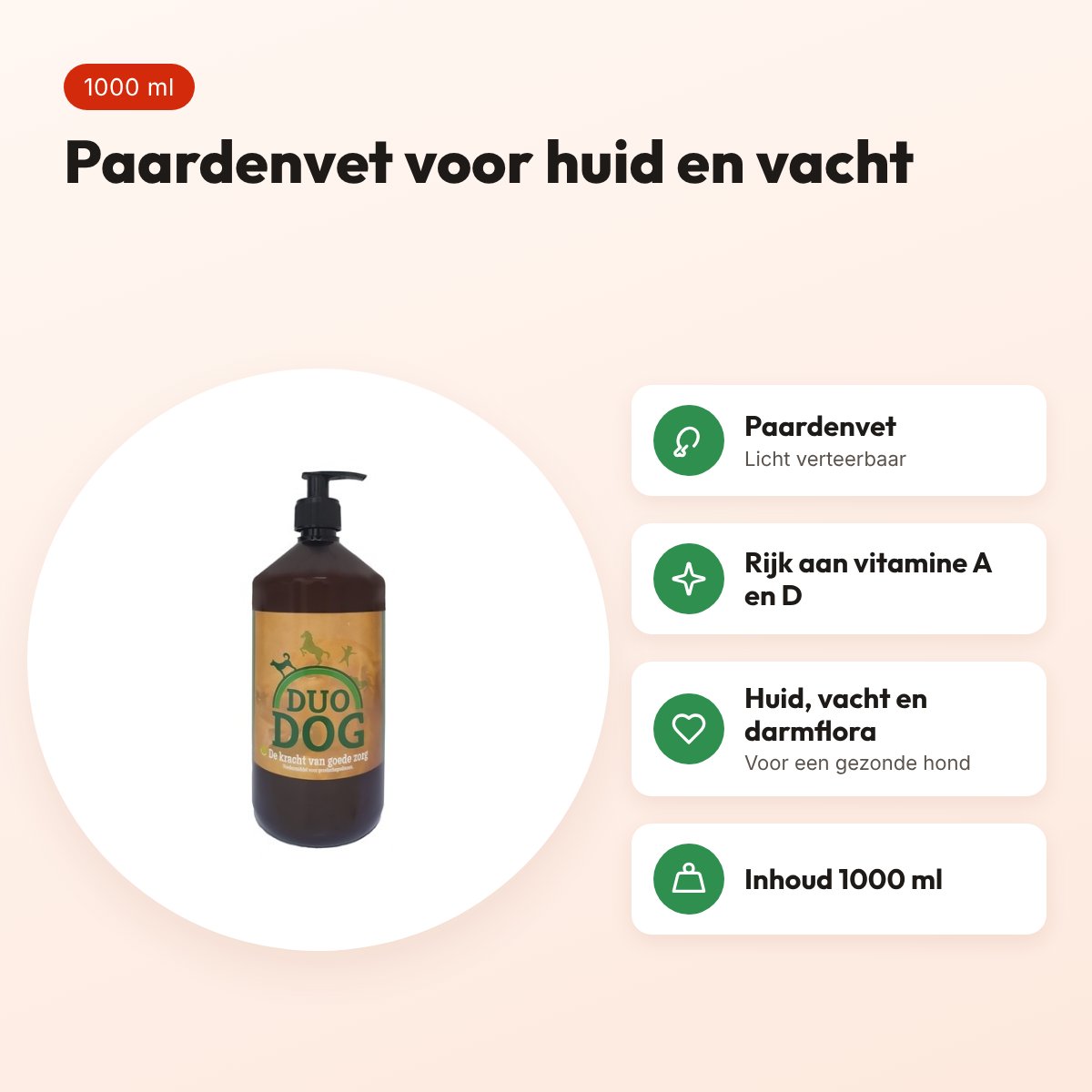 Duo Dog vet supplement 1000 ml – paardenvet voor huid en vacht – voordelen
