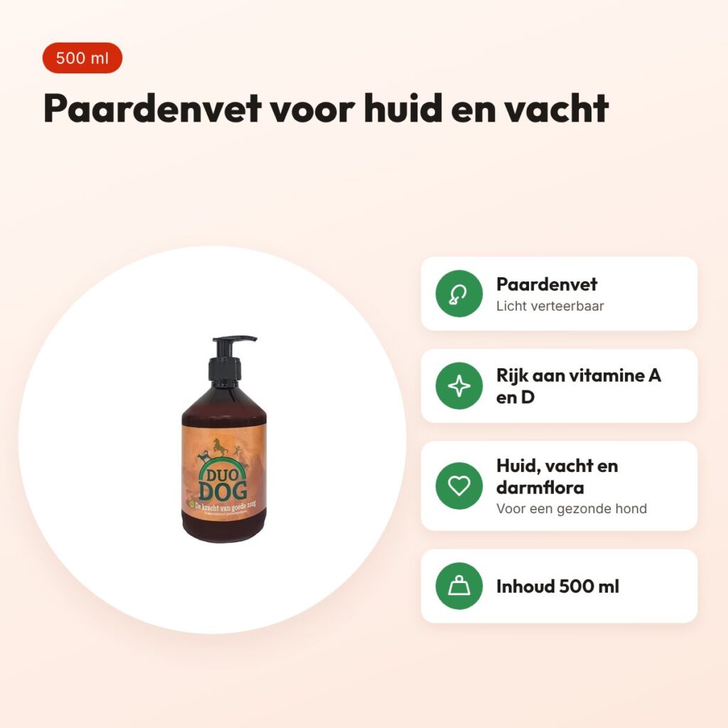 Duo Dog vet supplement 500 ml – paardenvet voor huid en vacht – voordelen