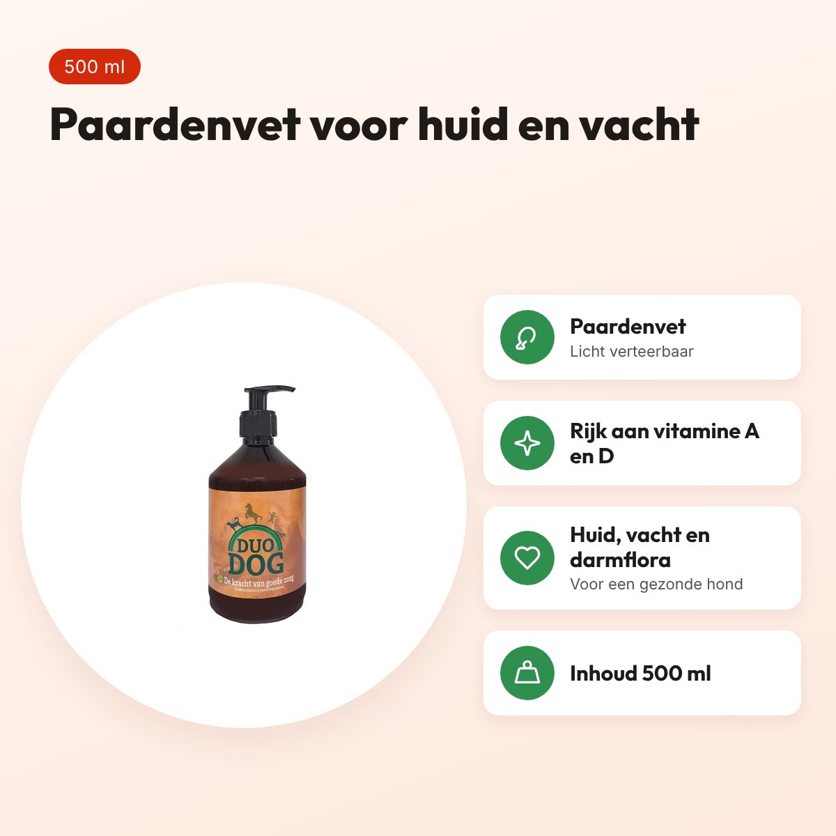 Duo Dog vet supplement 500 ml – paardenvet voor huid en vacht – voordelen