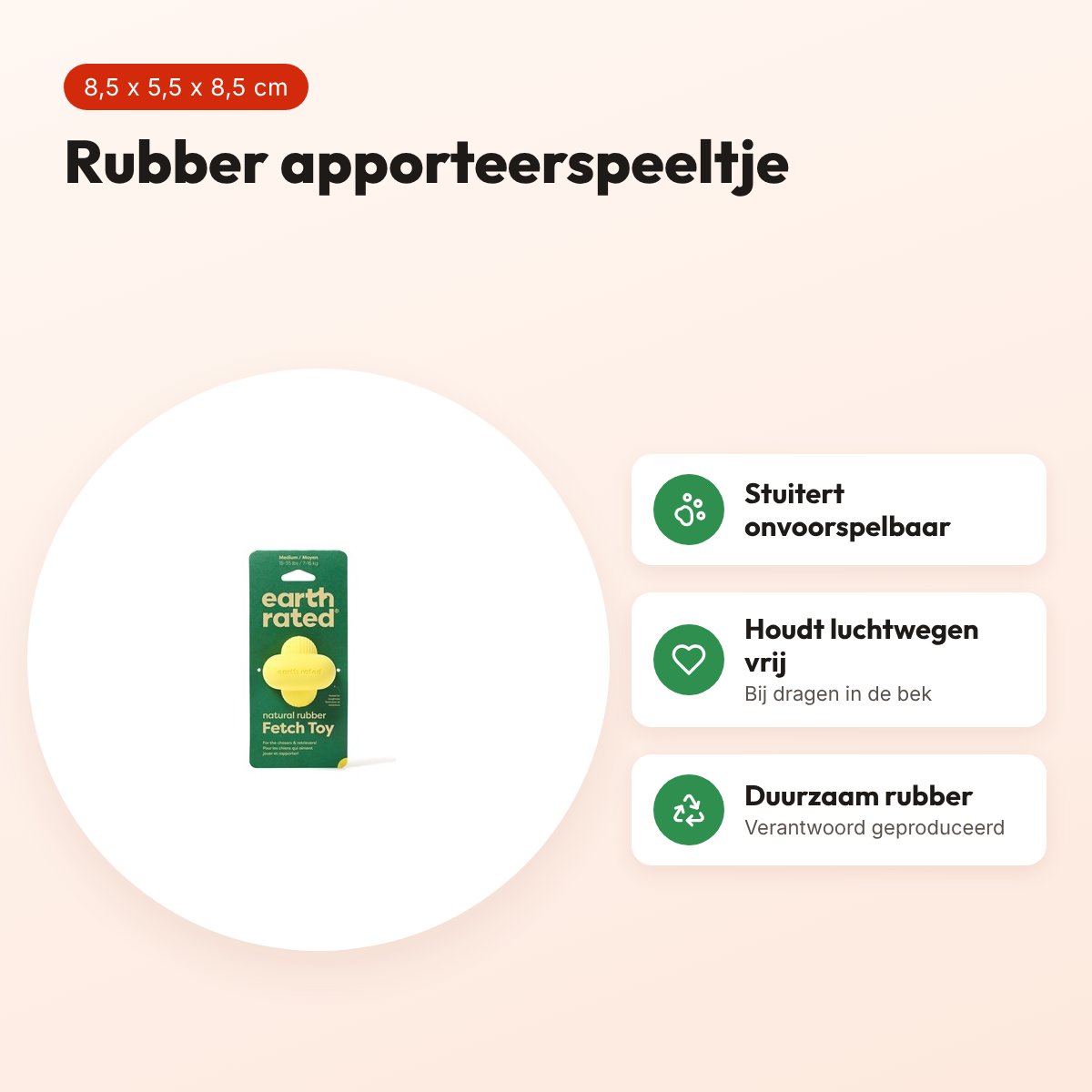 Earth Rated fetch toy 8,5 x 5,5 x 8,5 cm – rubber hondenspeeltje – voordelen