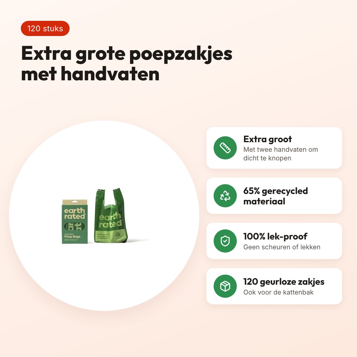 Earth Rated poepzakjes met handvaten geurloos 120 stuks – extra groot – voordelen