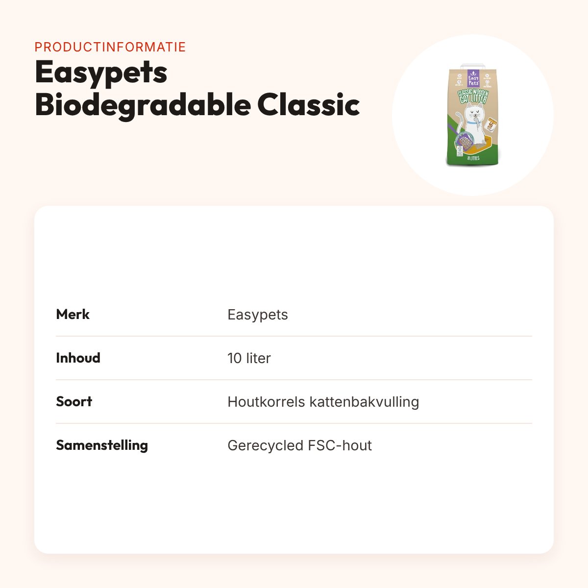 Easypets Biodegradable Classic houtkorrels kattenbakvulling 10 liter – productinformatie
