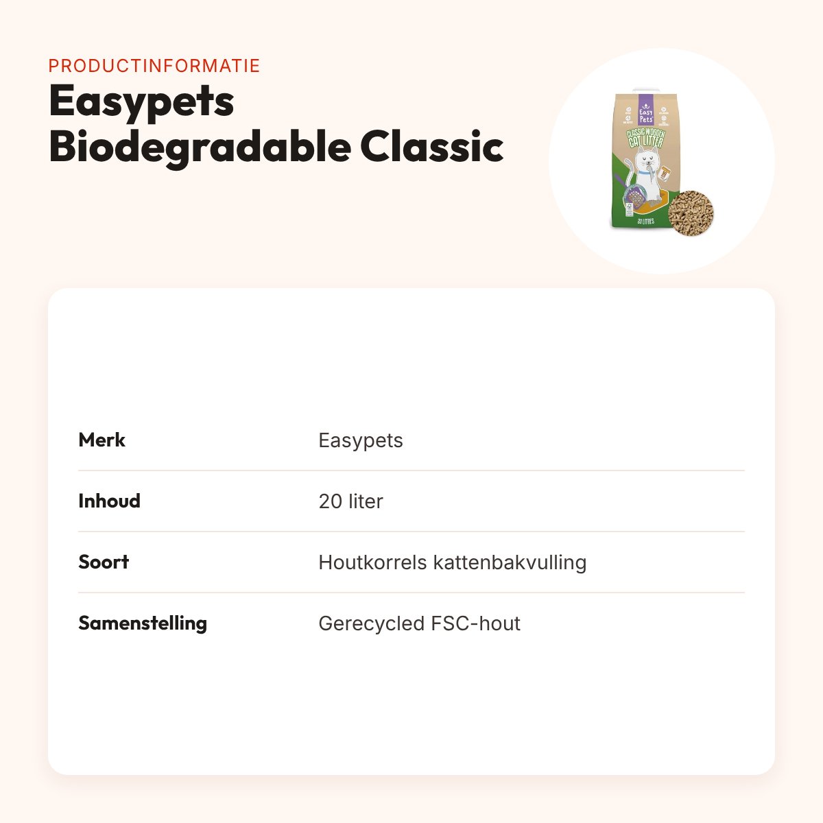 Easypets Biodegradable Classic houtkorrels kattenbakvulling 20 liter – productinformatie