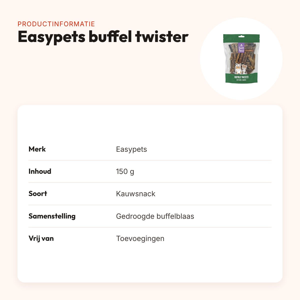 Easypets buffel twister 150 g – gedraaide kauwsticks van buffelblaas – productinformatie