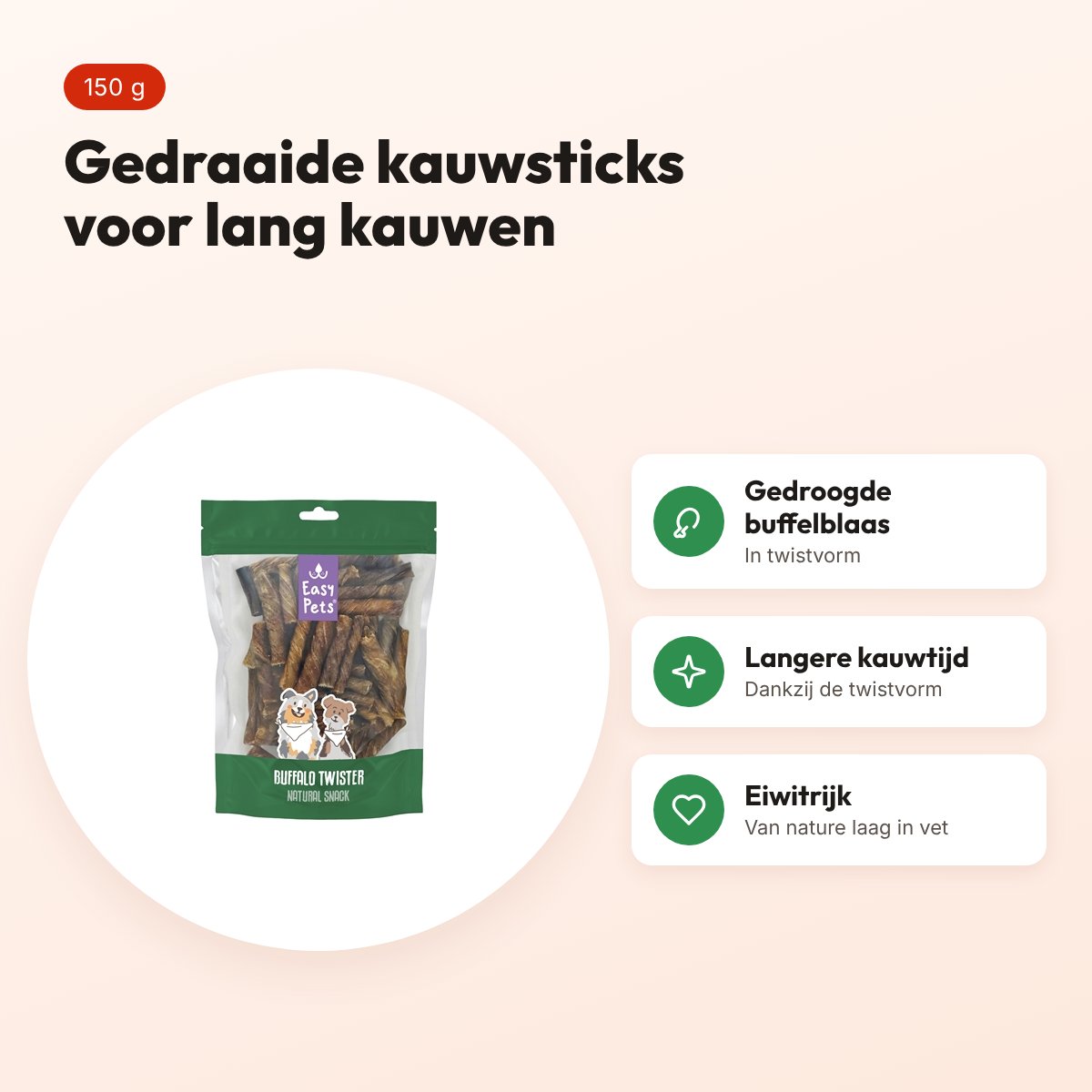 Easypets buffel twister 150 g – gedraaide kauwsticks van buffelblaas – voordelen