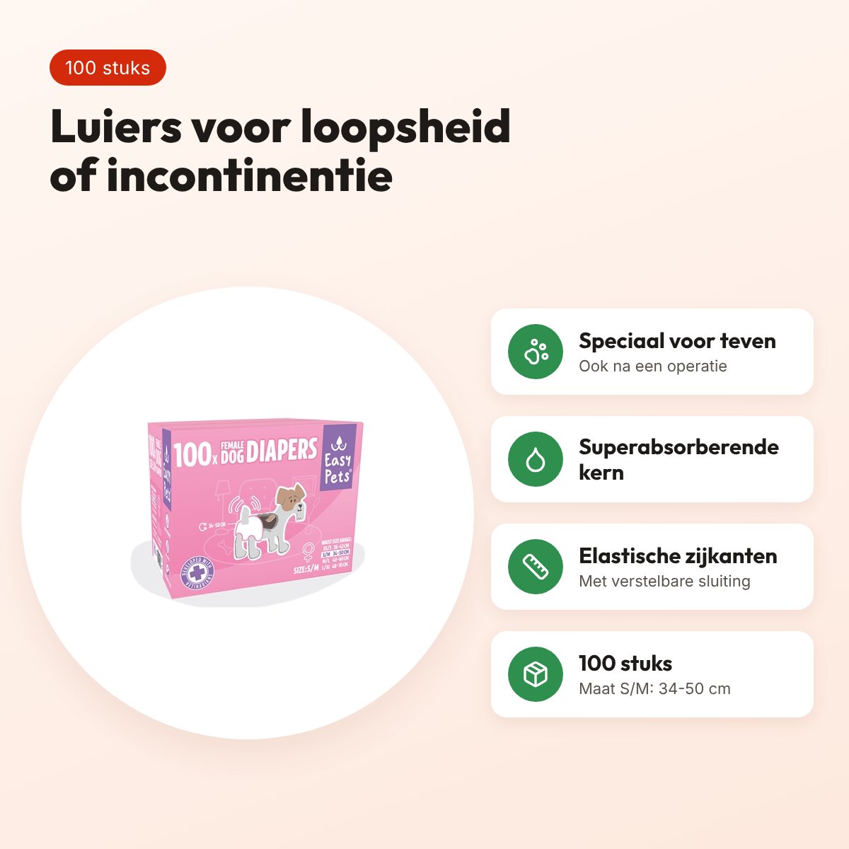 Easypets hondenluiers teef S/M 34-50 cm – 100 stuks – voordelen