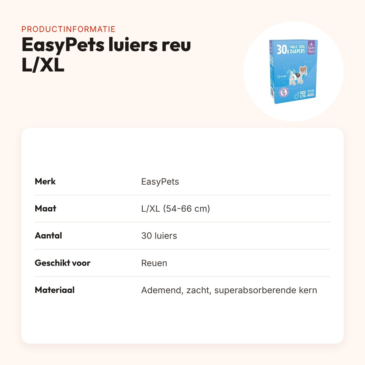 EasyPets hondenluiers voor reuen L/XL 30 stuks – ademend, absorberend – productinformatie