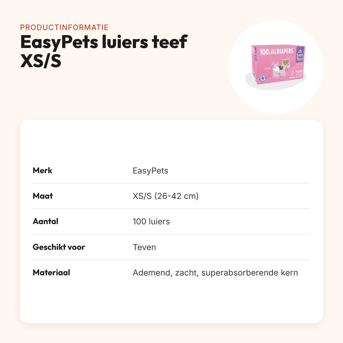 EasyPets hondenluiers voor teven XS/S 100 stuks – ademend, absorberend – productinformatie