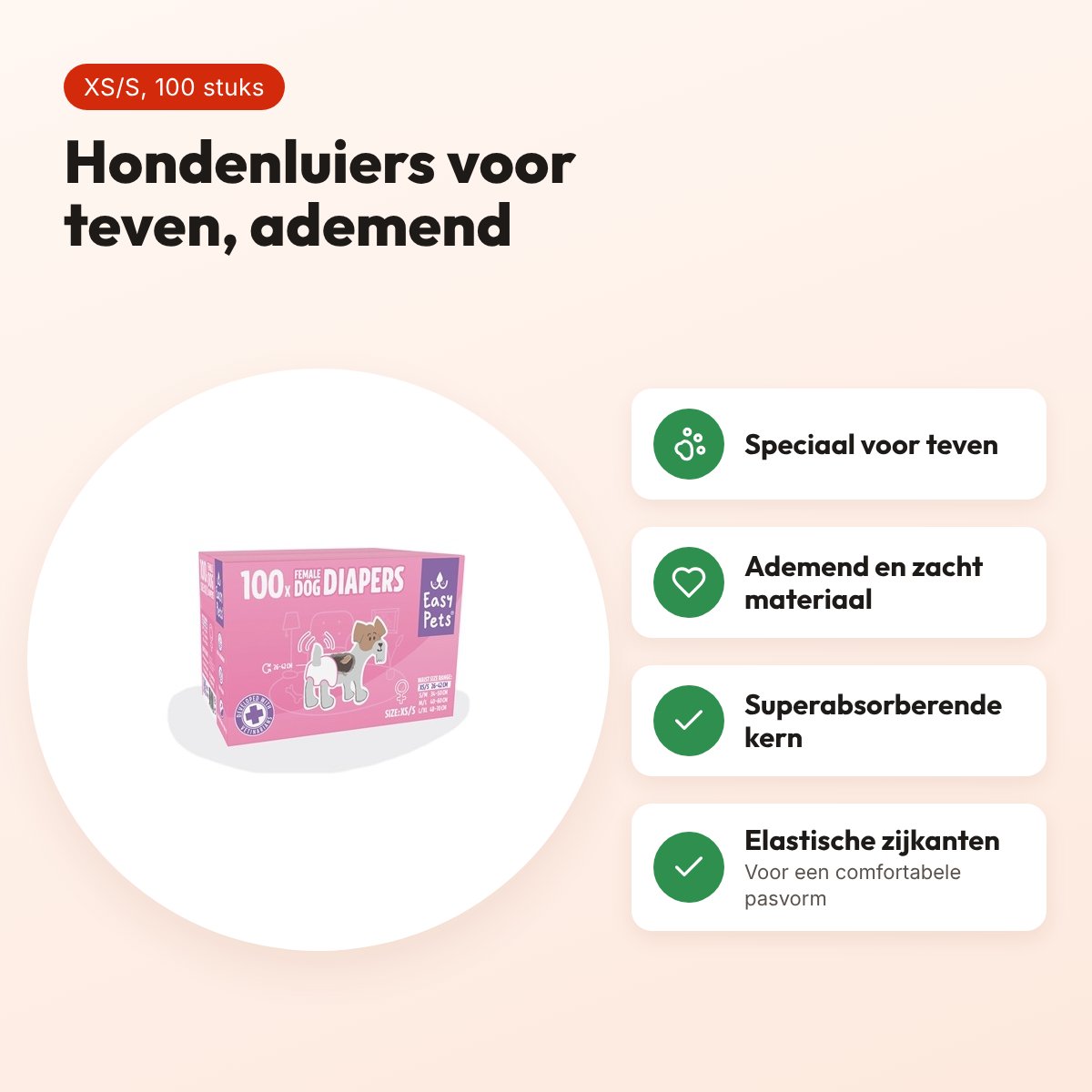 EasyPets hondenluiers voor teven XS/S 100 stuks – ademend, absorberend – voordelen