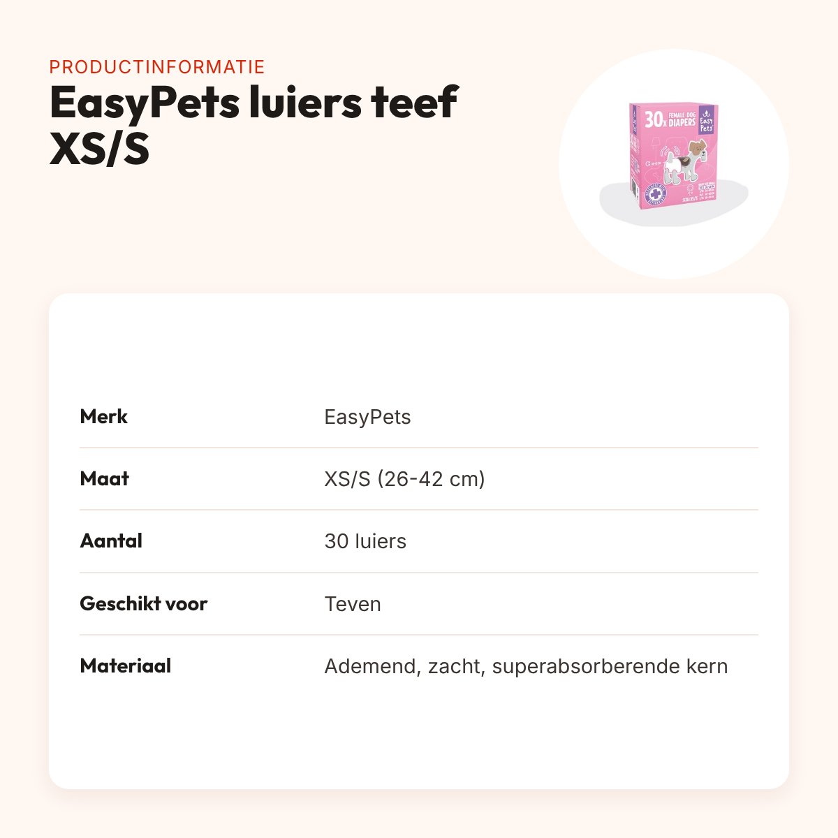 EasyPets hondenluiers voor teven XS/S 30 stuks – ademend, absorberend – productinformatie