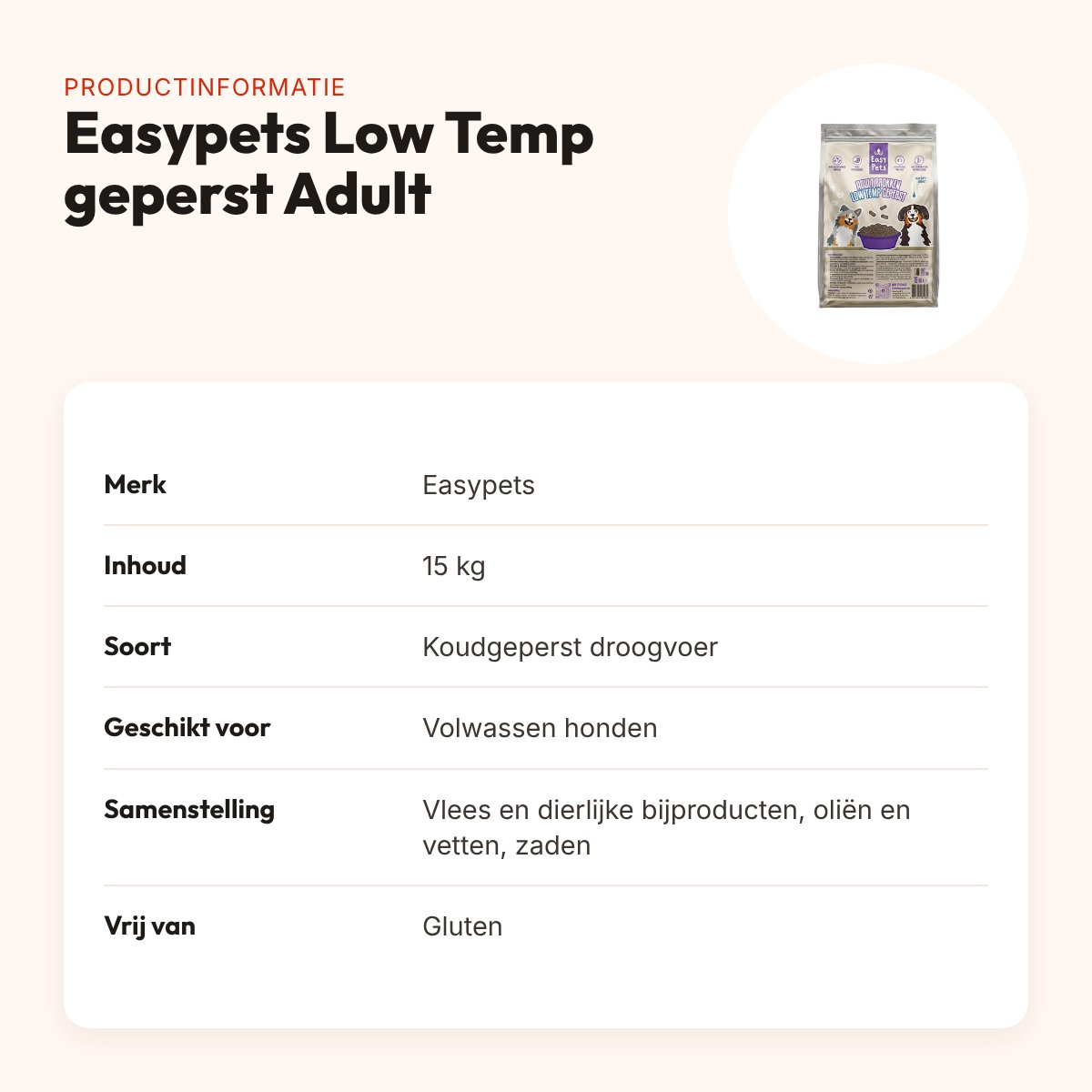 Easypets hondenvoer Low Temp geperst Adult 15 kg – glutenvrij – productinformatie
