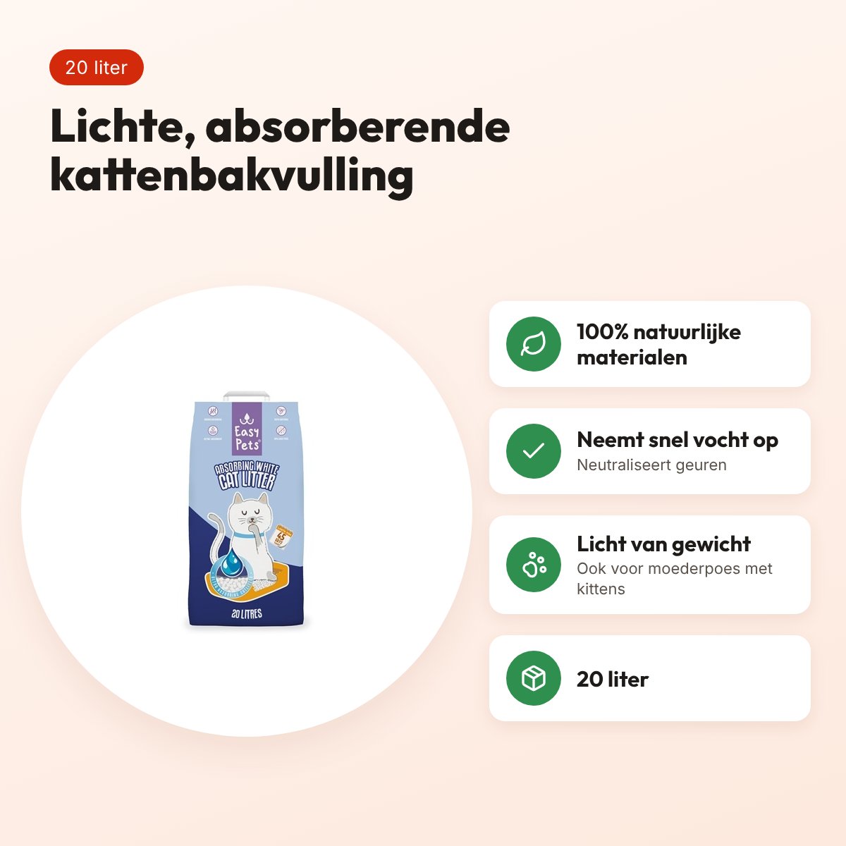 Easypets kattenbakvulling Absorbing White 20 liter – lichtgewicht – voordelen