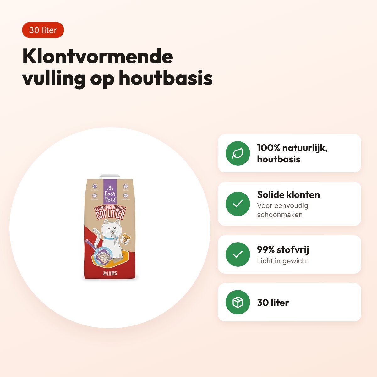 Easypets kattenbakvulling Clumping Wood klontvormend 30 liter – voordelen
