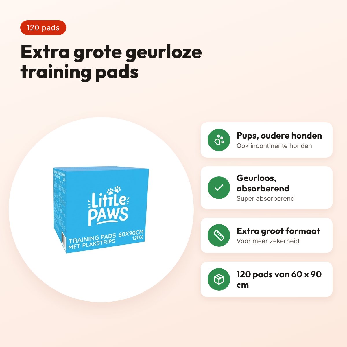 EasyPets Little Paws training pads 60 x 90 cm – 120 stuks, geurloos – voordelen