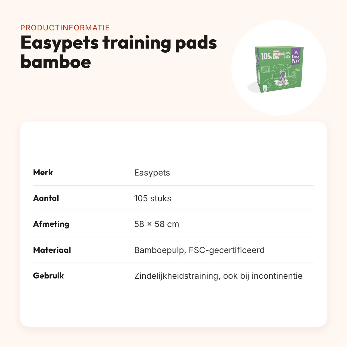 Easypets puppy training pads bamboe 58 x 58 cm – 105 stuks – productinformatie