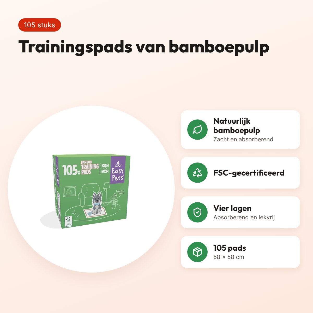 Easypets puppy training pads bamboe 58 x 58 cm – 105 stuks – voordelen
