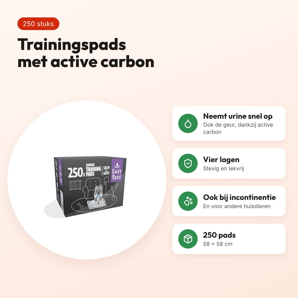 Easypets puppy training pads carbon 58 x 58 cm – 250 stuks – voordelen