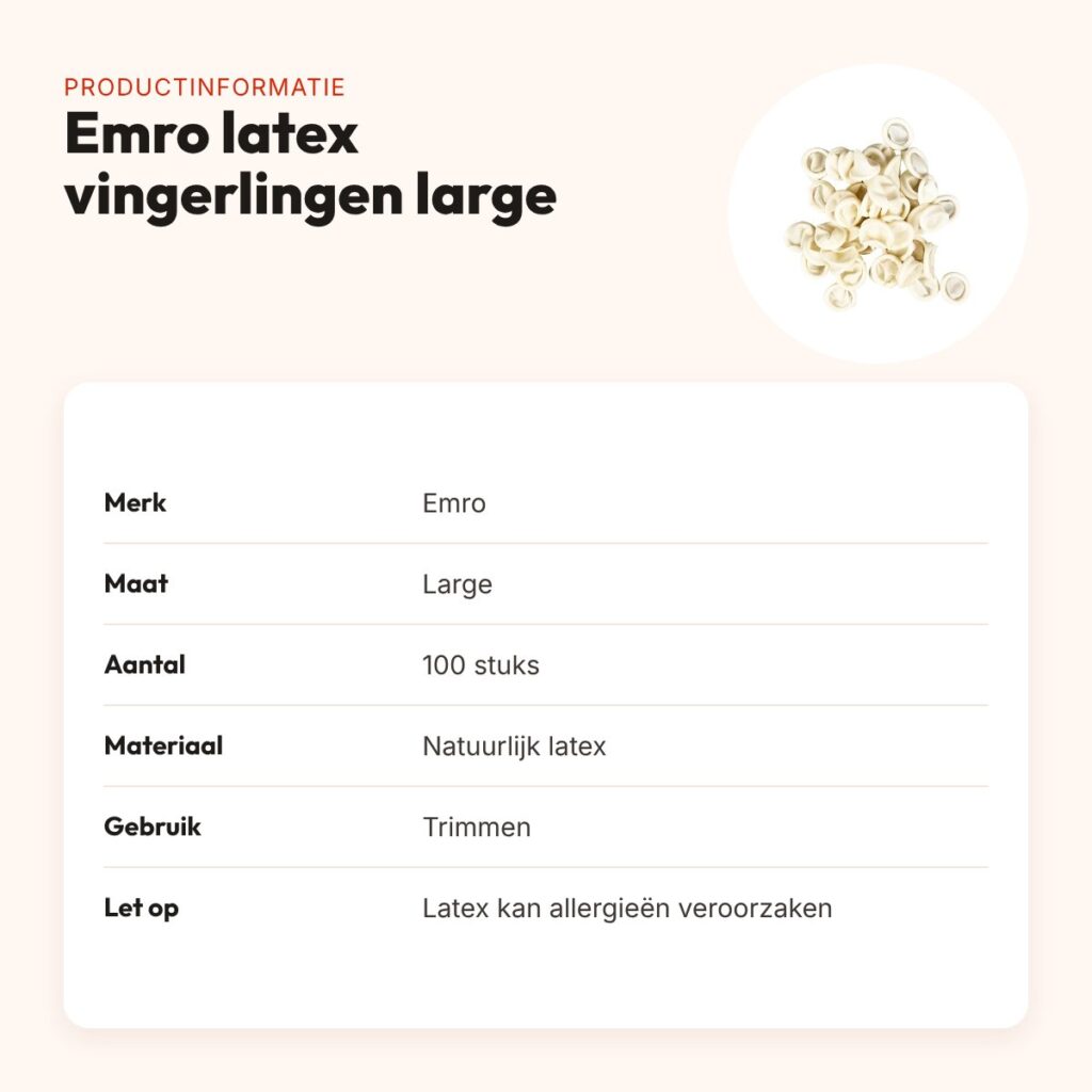 Emro latex vingerlingen large 100 stuks – voor trimmen, poederabsorberend – productinformatie