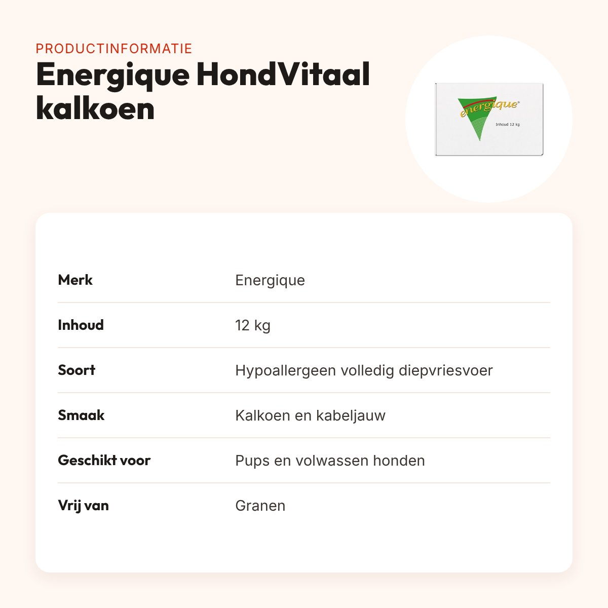 Energique HondVitaal kalkoen en kabeljauw hondenvoer 12 kg – hypoallergeen – productinformatie