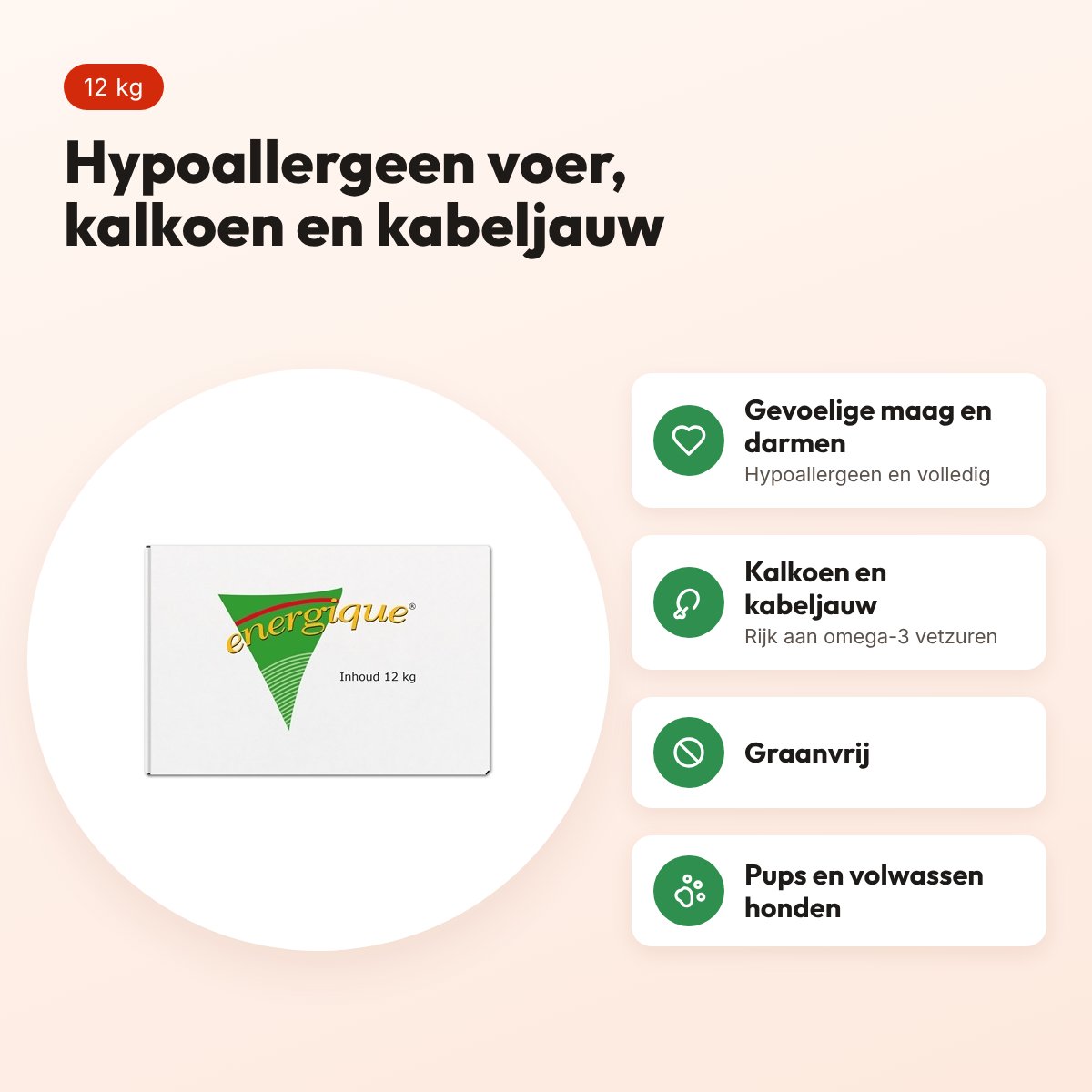 Energique HondVitaal kalkoen en kabeljauw hondenvoer 12 kg – hypoallergeen – voordelen