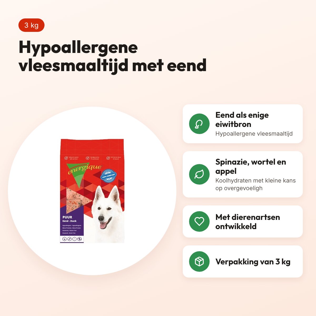 Energique Puur Eend hondenvoer 3 kg – hypoallergene vleesmaaltijd – voordelen