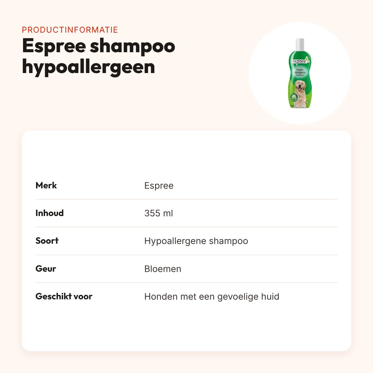 Espree hondenshampoo hypoallergeen 355 ml – gevoelige huid, aloë vera – productinformatie