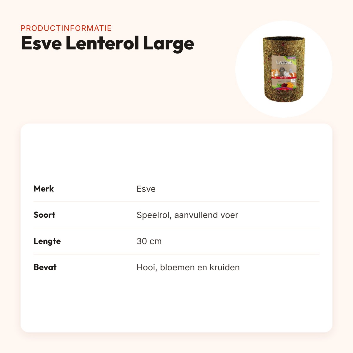 Esve Lenterol Large 30 cm – speelrol met hooi, bloemen en kruiden – productinformatie
