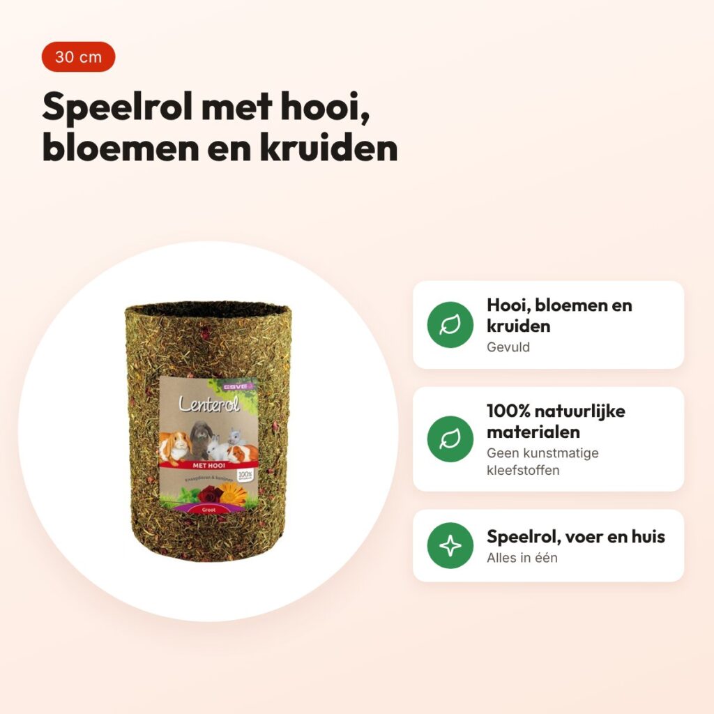 Esve Lenterol Large 30 cm – speelrol met hooi, bloemen en kruiden – voordelen