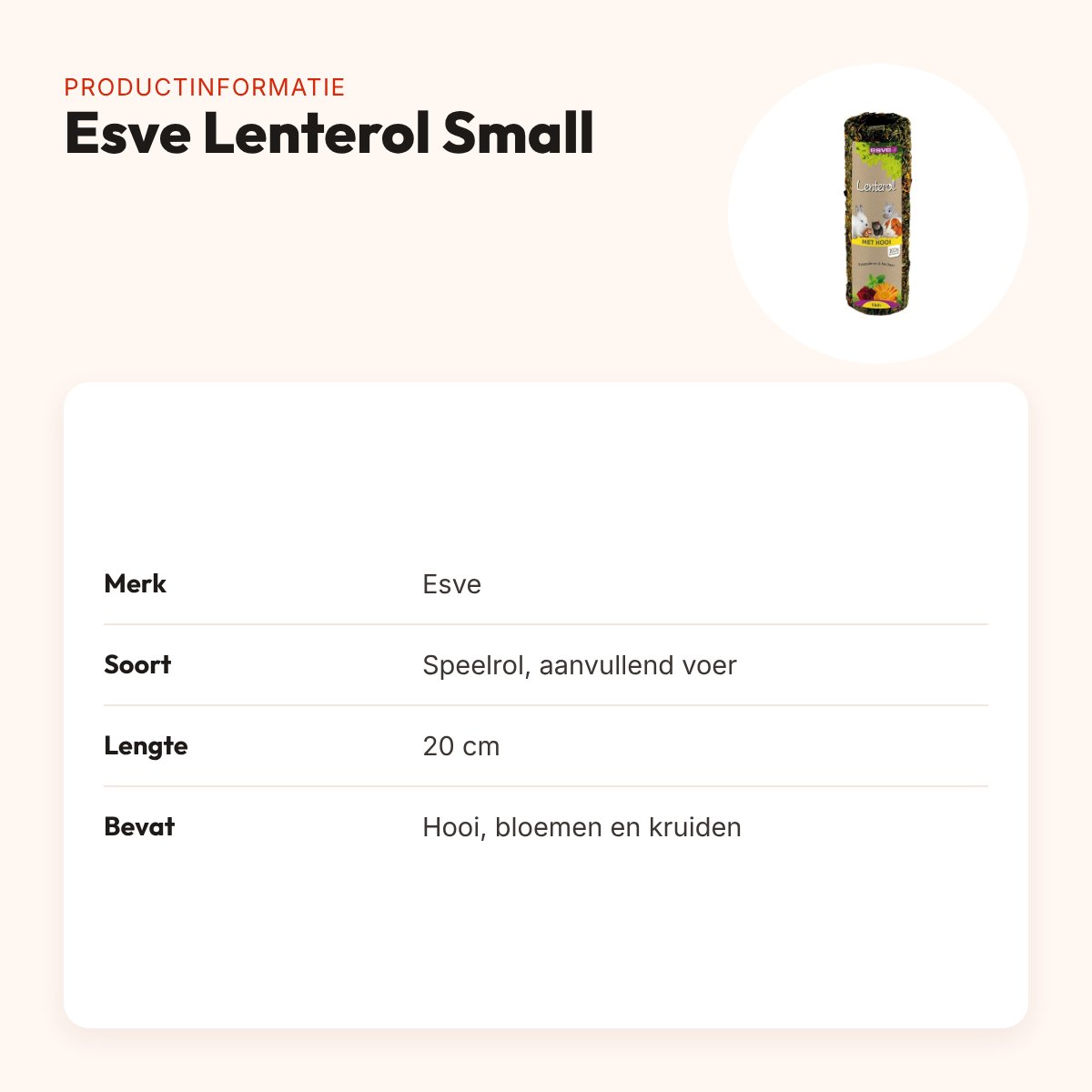 Esve Lenterol Small 20 cm – speelrol met hooi, bloemen en kruiden – productinformatie