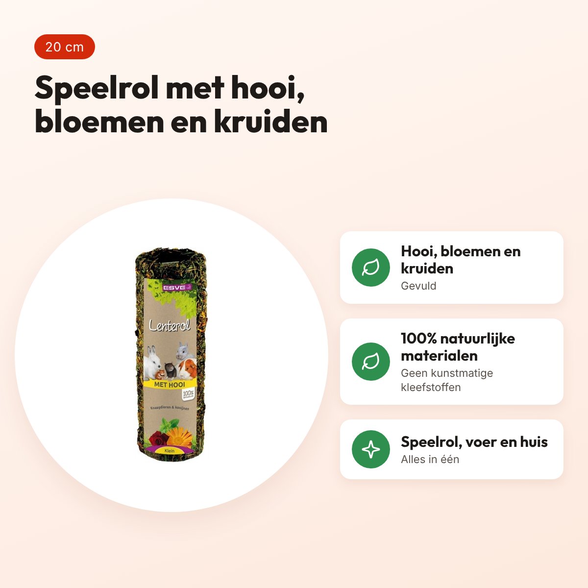 Esve Lenterol Small 20 cm – speelrol met hooi, bloemen en kruiden – voordelen