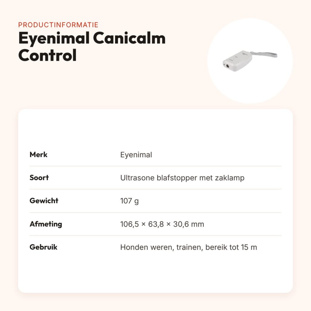 Eyenimal Canicalm Control ultrasone blafstopper en zaklamp – bereik 15 m – productinformatie