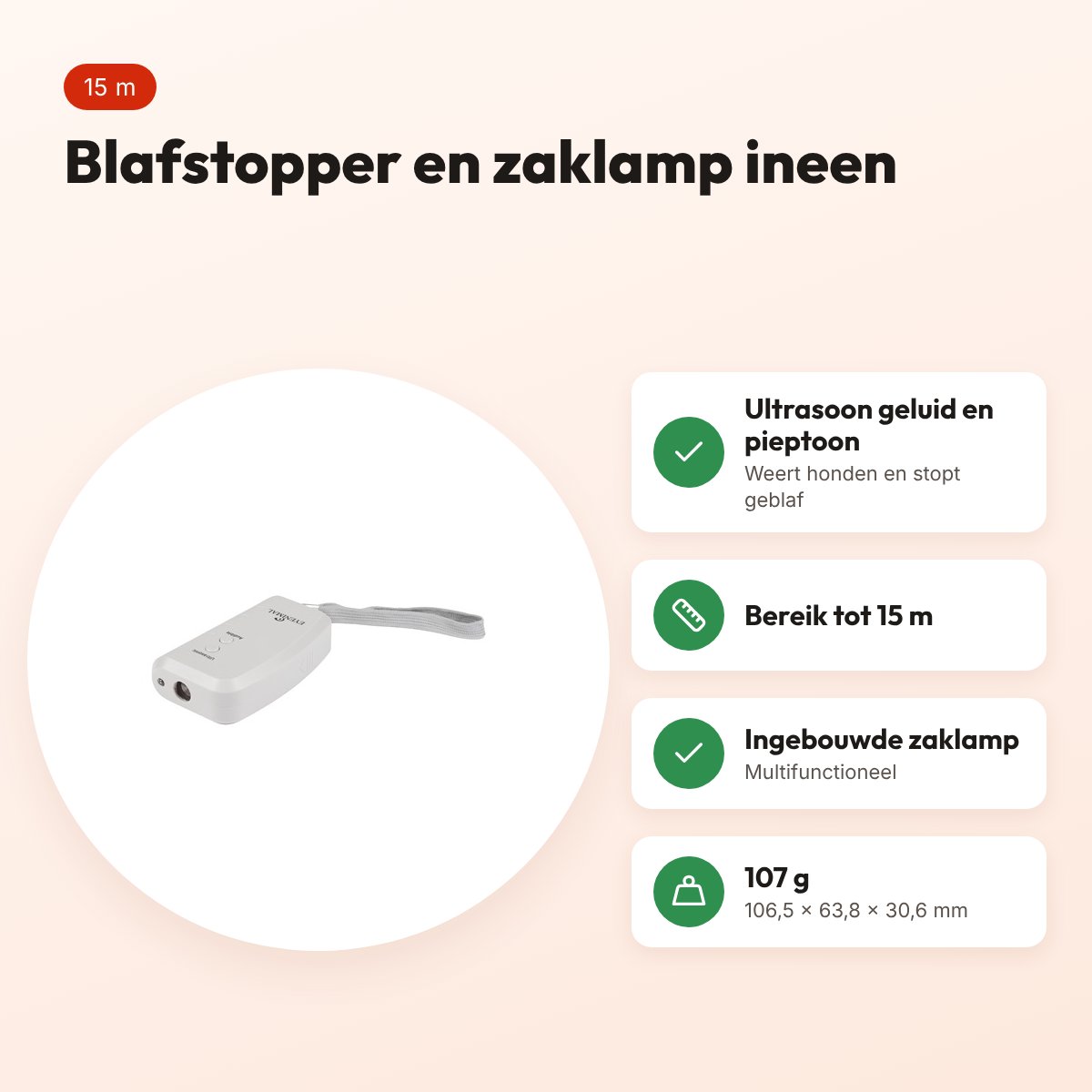 Eyenimal Canicalm Control ultrasone blafstopper en zaklamp – bereik 15 m – voordelen