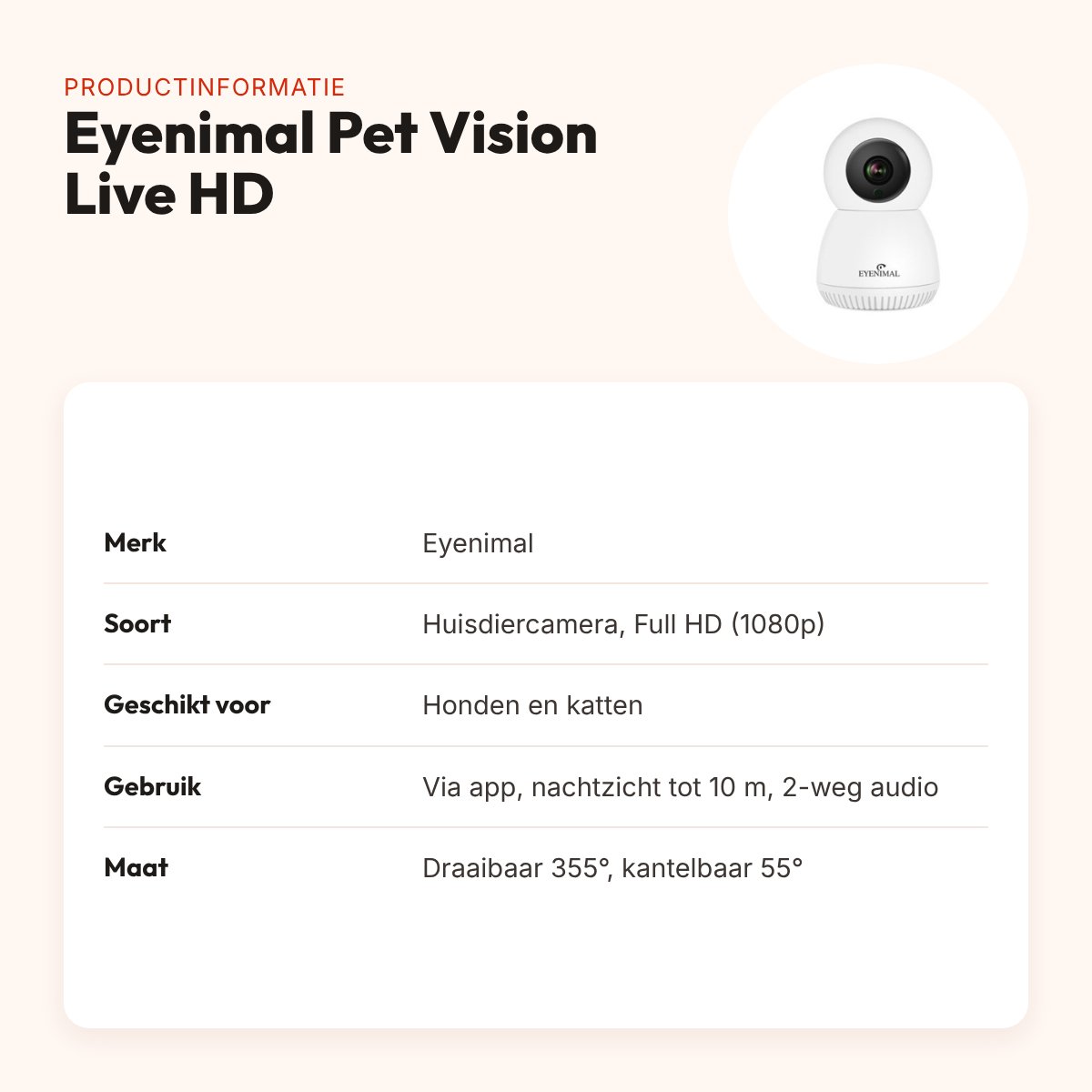 Eyenimal Pet Vision Live HD huisdiercamera zonder geluiddetectie – productinformatie