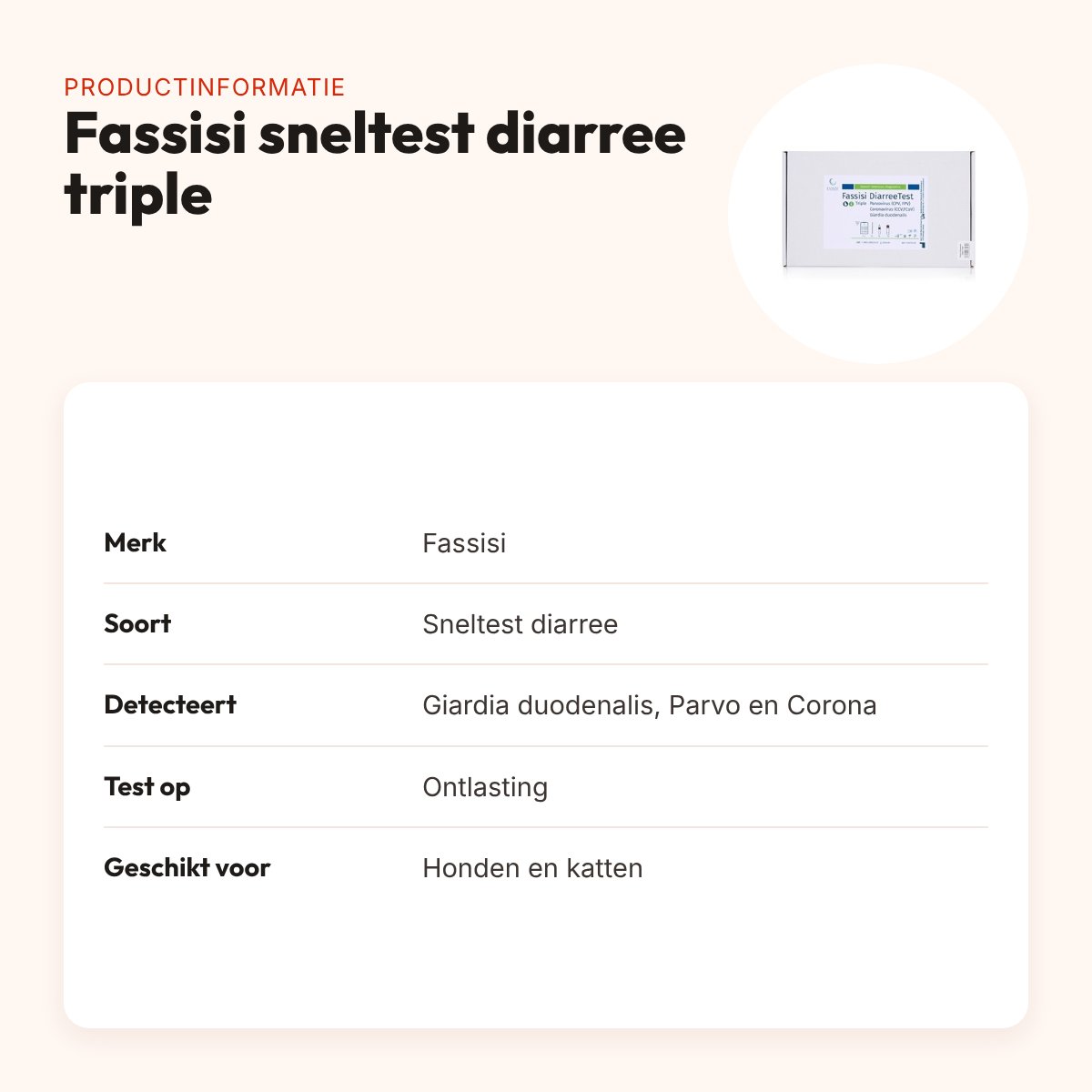 Fassisi sneltest diarree triple Parvo, Corona en Giardia – voor hond en kat – productinformatie