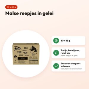 Felix kattenvoer Elke Dag Feest gelei 80 x 85 g – tonijn, kabeljauw, rund – voordelen