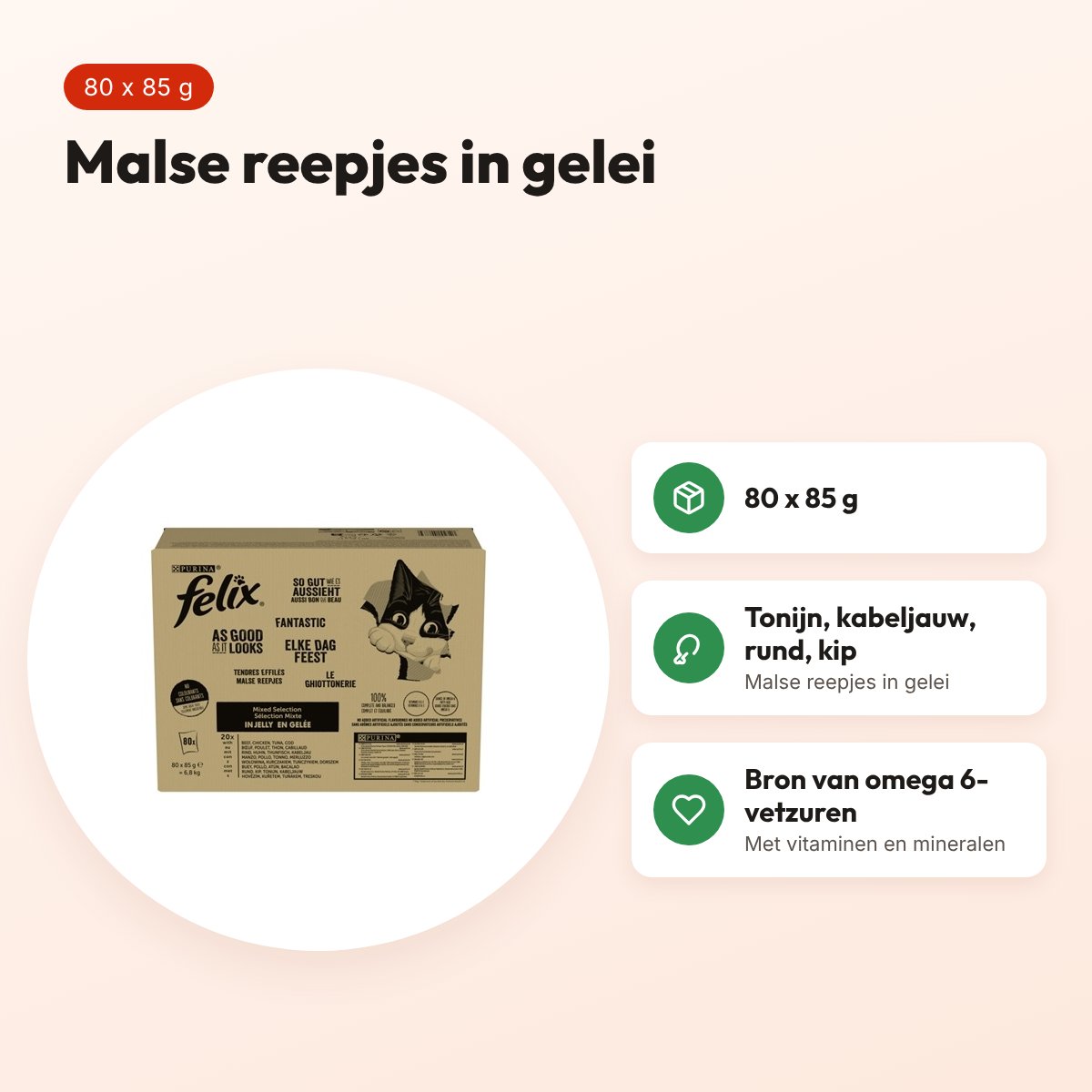 Felix kattenvoer Elke Dag Feest gelei 80 x 85 g – tonijn, kabeljauw, rund – voordelen