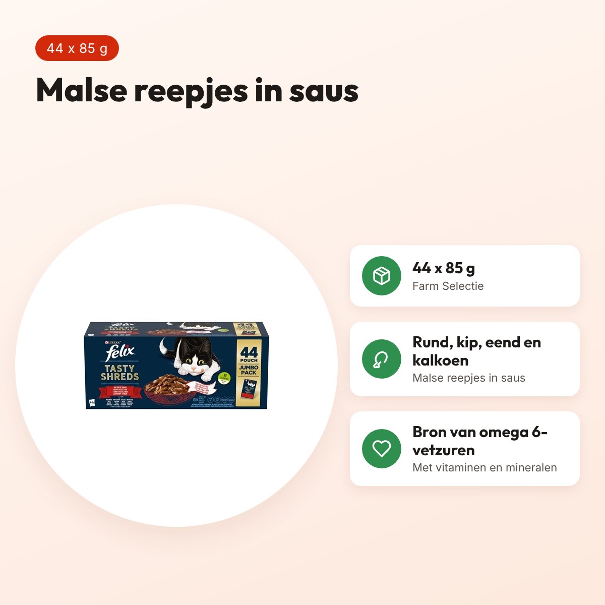 Felix kattenvoer Heerlijke Reepjes Farm Selectie in saus 44 x 85 g – voordelen
