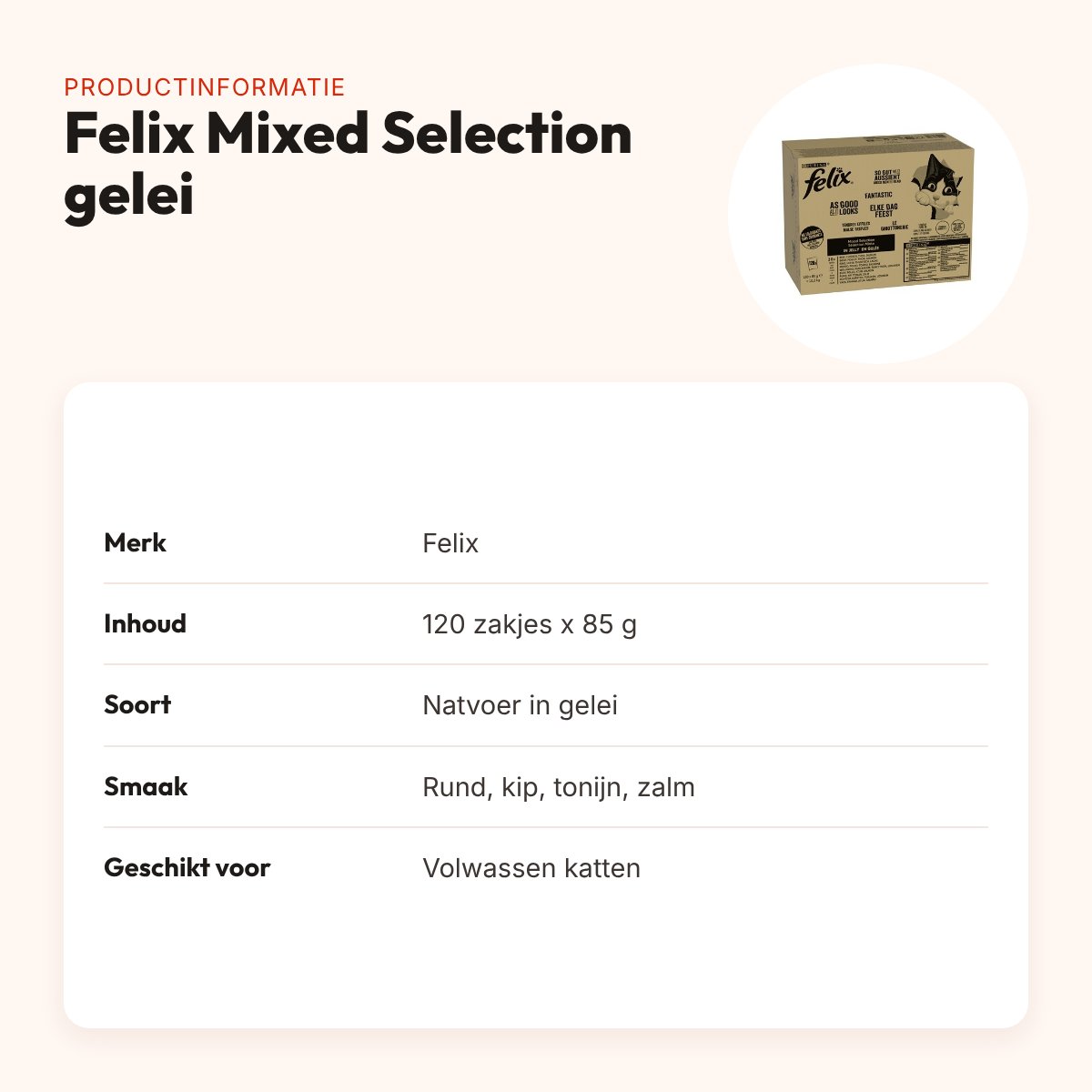 Felix kattenvoer Mixed Selection gelei 120 x 85 g – rund, kip, tonijn, zalm – productinformatie