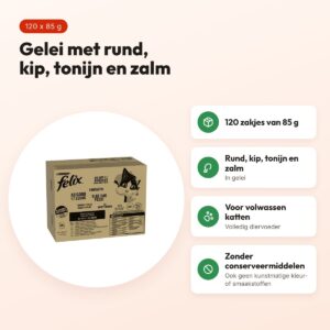 Felix kattenvoer Mixed Selection gelei 120 x 85 g – rund, kip, tonijn, zalm – voordelen