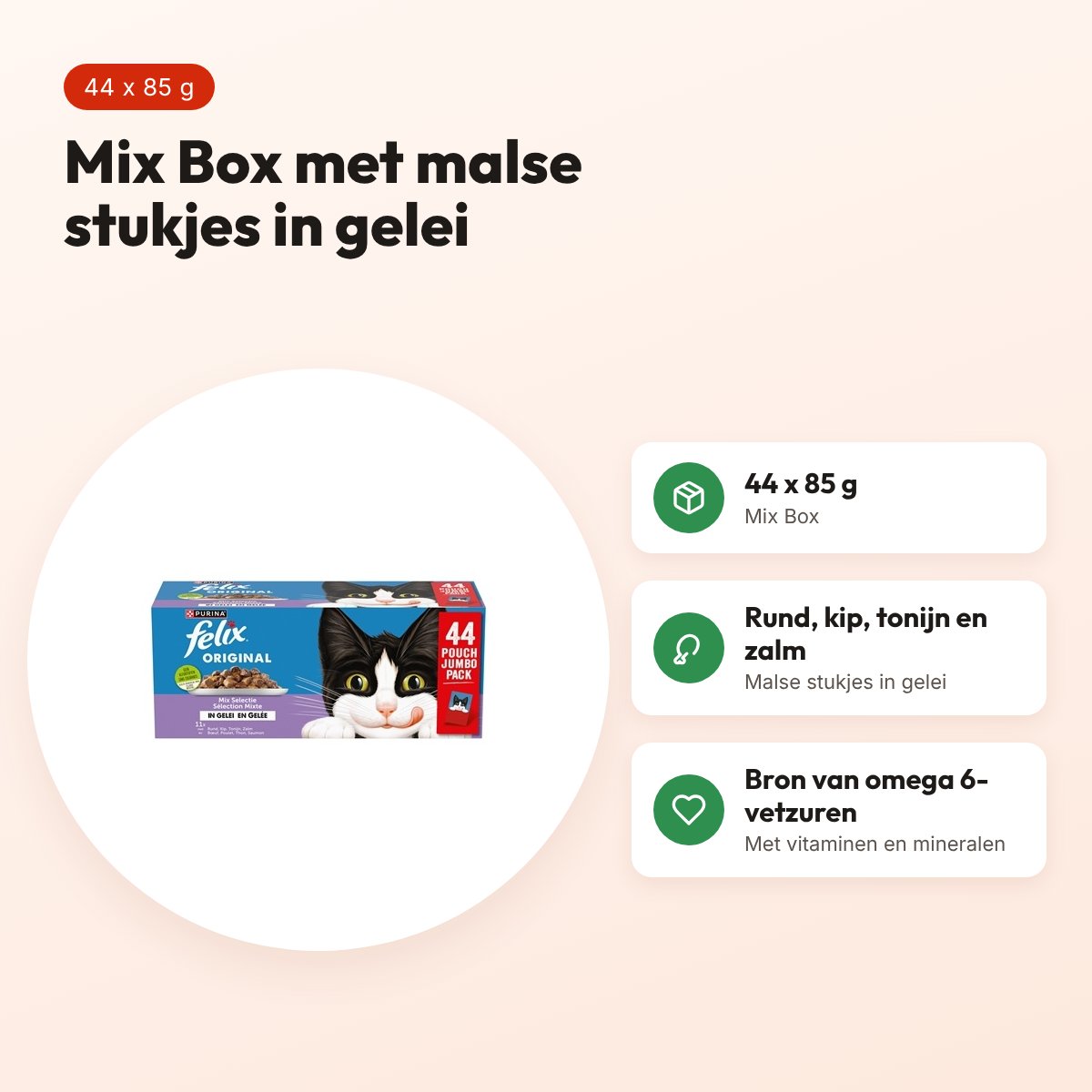 Felix kattenvoer Original Mix Box gelei 44 x 85 g – rund, kip, tonijn, zalm – voordelen