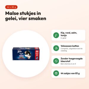 Felix natvoer Elke Dag Feest in gelei mix tonijn, zalm, rund, kip 44 x 85 g – voordelen