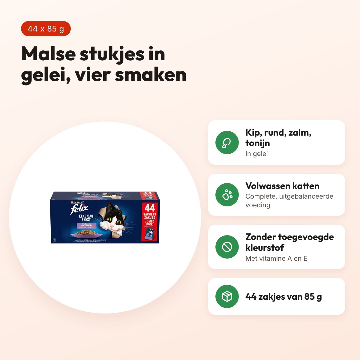 Felix natvoer Elke Dag Feest in gelei mix tonijn, zalm, rund, kip 44 x 85 g – voordelen